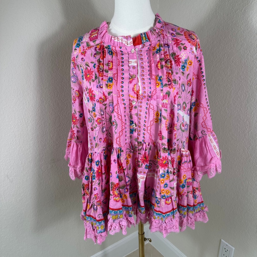 Isla Bonita Tunic Top Womens M Pink Floral Boho Lace Trim Tiered Babydoll Blouse